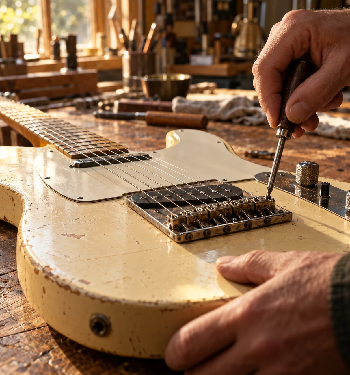 Workshop view of a guitar bridge being carefully adjusted